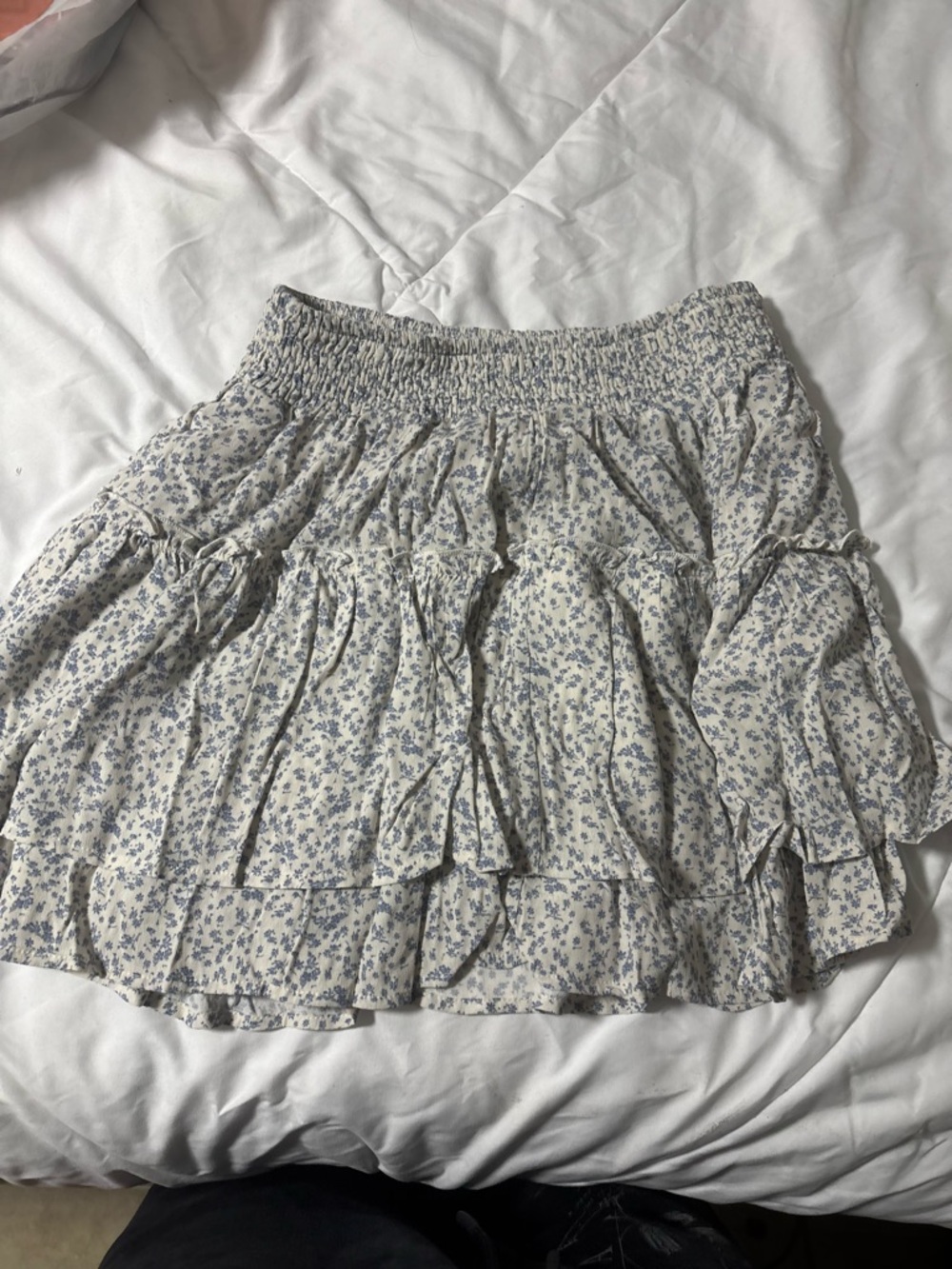 Floral Tiered Mini Skirt - Light Blue on Cream